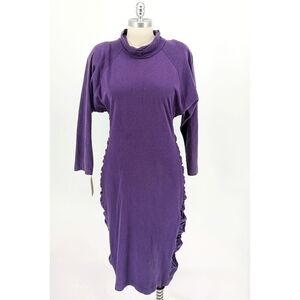 Vintage New Oro Ruched Knit Dolman Sleeve Dress Purple M 80s 90s retro party